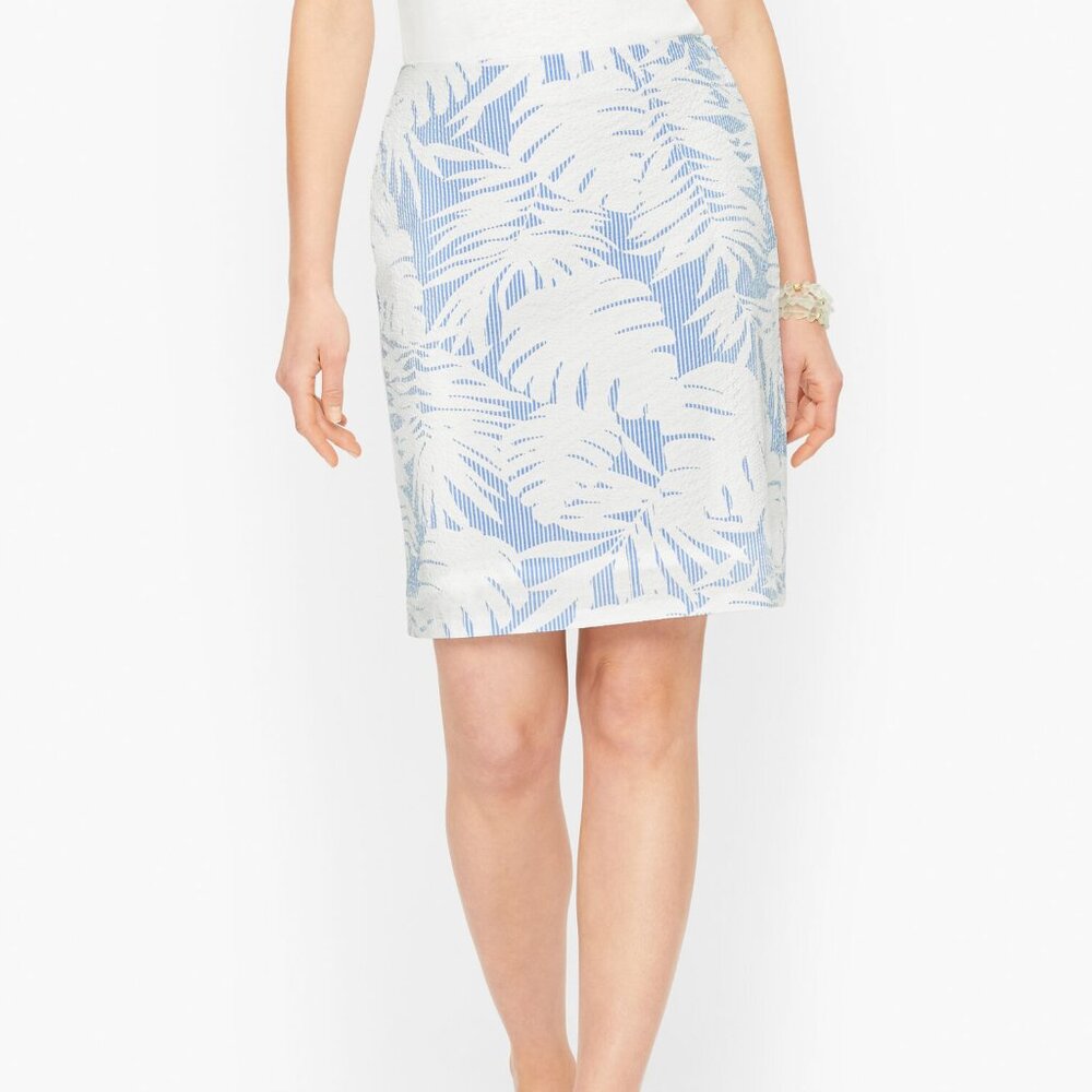Talbots Tropical Hawaiian‎ Palm Leaf Seersucker Blue White A-Line Skirt 14 NWT